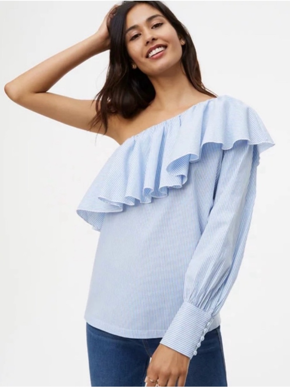LOFT Light Blue Pin Stripe One-Shoulder Ruffle Blouse